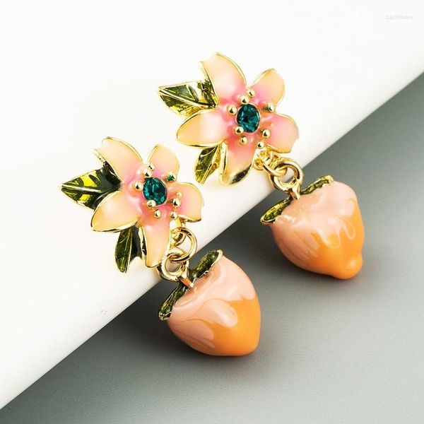 Süße Emaille Obst Pfirsich Tropfen Ohrringe Für Frauen Mädchen Gold Farbe Metall Glänzenden Strass Blume Baumeln Party Schmuck Kronleuchter