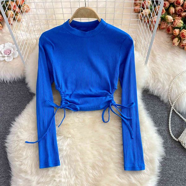 

women's t-shirt 2022 autumn hong kong style tight hollow body open waist stand collar t-shirt slim fit short bottomed shirt women lvt7, White