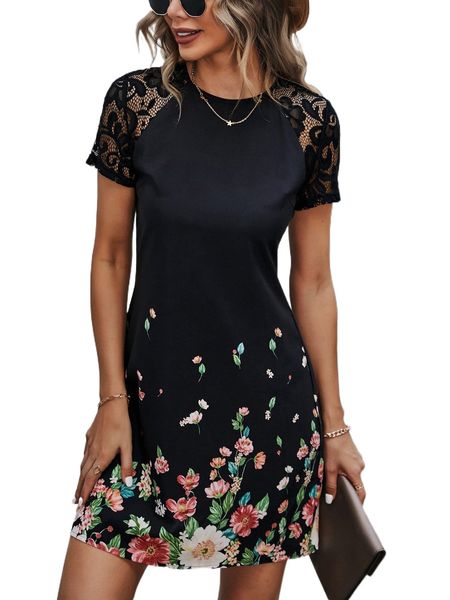 

floral print lace panel raglan sleeve dress m2vp#, Black;gray