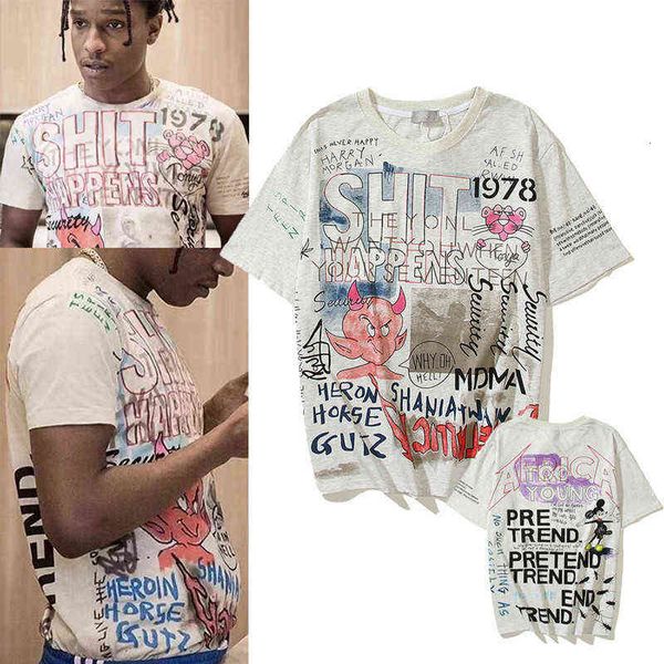 

rock hand painted graffiti devil short sleeve american loose t-shirt, White;black