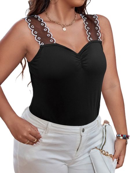 

plus mesh straps ruched bust cami k9z3#, Black