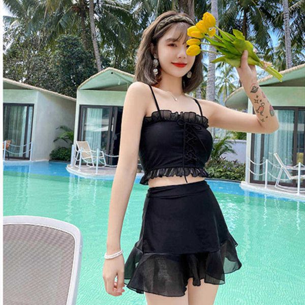 

new swimsuit women sling lace edge folds cross straps small fresh vacation small breasts conservative fairy fan, White;black