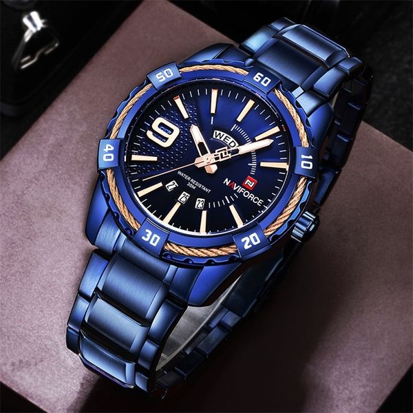 NAVIFORCE orologio da uomo quadrante blu acciaio inossidabile resistente all'acqua orologi da uomo di lusso business analogico al quarzo orologi da uomo moda T200113