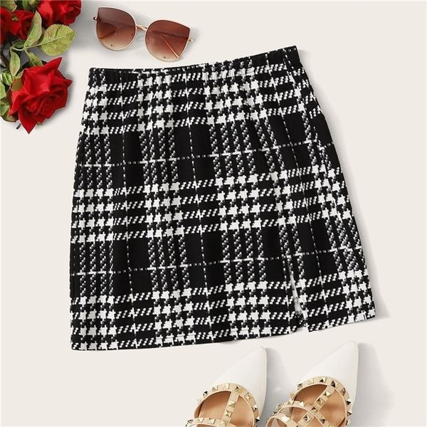 

romwe plaid textured mini skirts womens spring fall clothes mid waist black skirt white skirt a line split hem korean skirt t200301