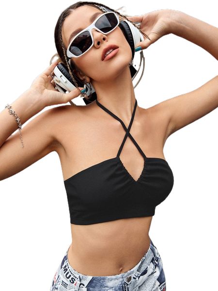 

crisscross tie backless crop halter a7uc#, White