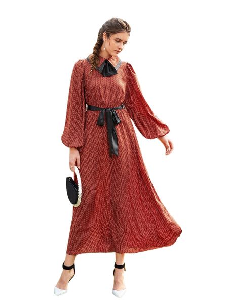 

allover print tie neck lantern sleeve belted dress g9j1#, Black;gray