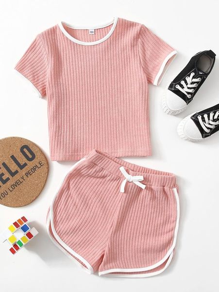 

toddler girls contrast binding tee & shorts she, White
