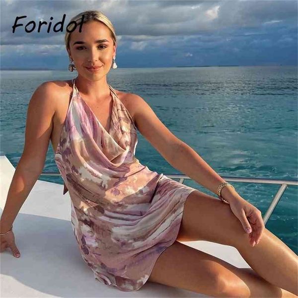 

foridol lace up strappy tie-dyed short summer dress for women drapped v neck backless halter party dress boho casual 210415, Black;gray
