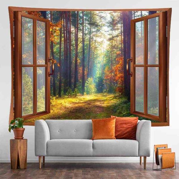 Al di fuori della finestra Fantasy Forest Tapestry Natural Printed Large Wall Hanging Tappeti bohémien Mandala Art Decor J220804