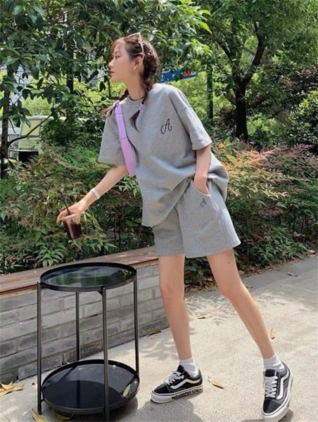 

two piece dress designer lazy casual shorts two piece set women's 2022 summer new loose short sleeve t-shirt sports wide leg pants set, White