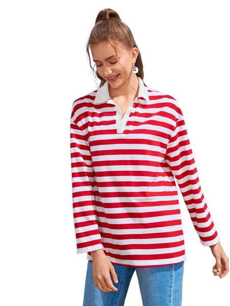 

striped contrast collar drop shoulder tee q31t#, White