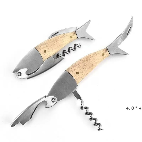 

fish shaped wooden handle wine beer opener portable 304 stainless steel kitchen restaurant bar inventory wholesale