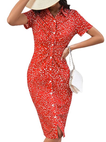 

dalmatian print ruched button up dress g0hu#, Black;gray