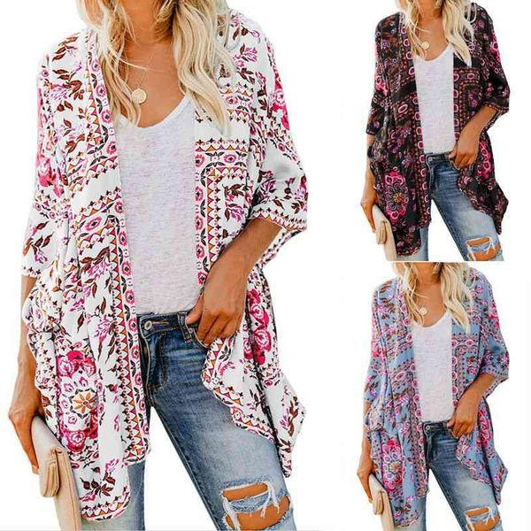 

women's polos 2022 beach coat women's medium and long cardigan sleeve printed kimono blouse thin sunscreen n3zu, White