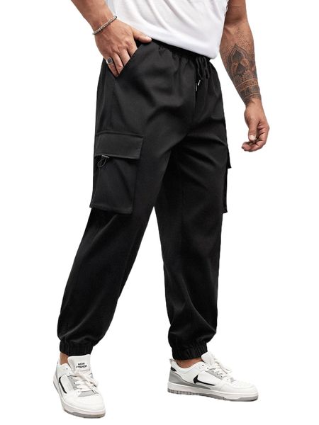 

extended sizes men flap pocket drawstring cargo pants e5qt#, Black