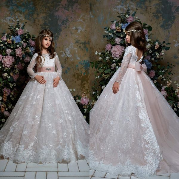 Blumenmädchenkleider für Hochzeiten 2022, Ballkleid, Kommunion, weiches Spitzenkleid mit langen Ärmeln, formelle Partykleider für Kleinkinder, Tüll, Kindergeburtstag, besondere Anlässe, Perlenschärpe