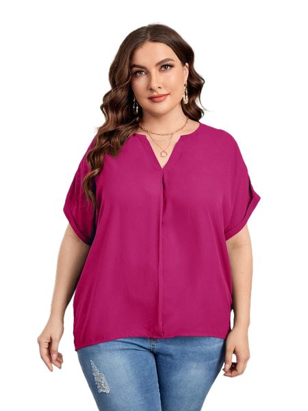 

plus notched neck batwing sleeve roll cuff blouse e07g#, Black