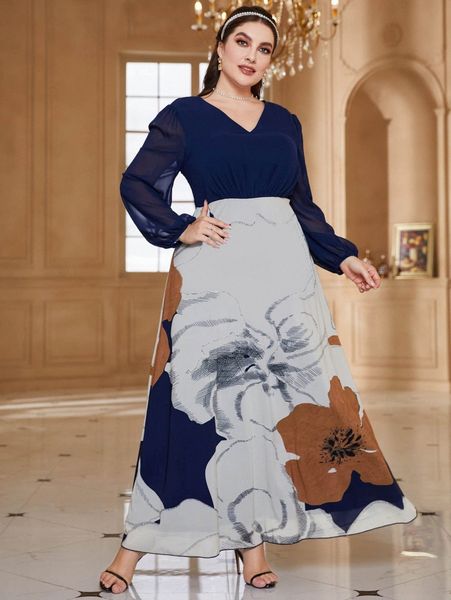 

plus floral print chiffon dress 76yi#, Black