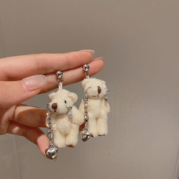 

925 silver stud rhinestone-encrusted zircon plush bear love heart earrings korean personality creative drop earrings girl exaggerated earrin, Golden