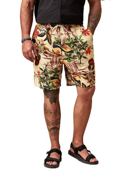 

extended sizes men tropical print drawstring waist shorts z17e#, White;black