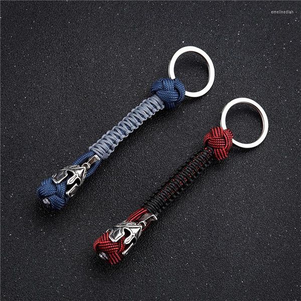 Anahtarlıklar MKENDN Vintage Spartan Savaşçı Kordon Metal Anahtarlık El Yapımı Dokuma Survival Paracord Halat Anahtarlık Erkekler Için Takı Aksesuarları Em