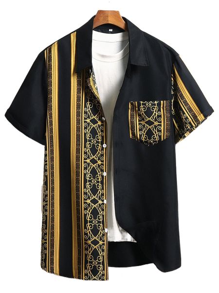 

men geo & striped print shirt z46w#, White;black