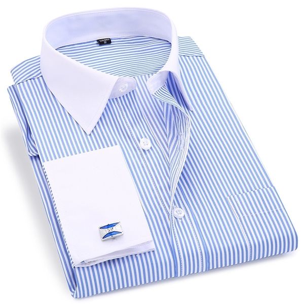 Hohe Qualität gestreift für Männer Französisch Manschettenknöpfe Casual Dress Shirts langärmelige weiße Kragen Design Hochzeit Smoking Hemd 6XL 220324