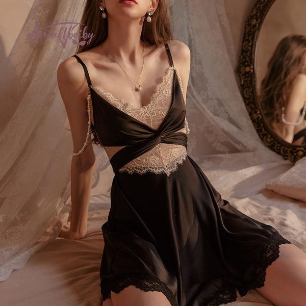 

removal with beads sleepwear lace cross strap nightdress women summer temptation lingerie night gown multicolor, Black;red