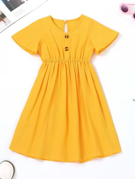 

little girl's fake button a-line dress she, Red;yellow
