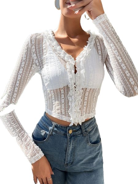 

button front frill trim lace q82h#, White