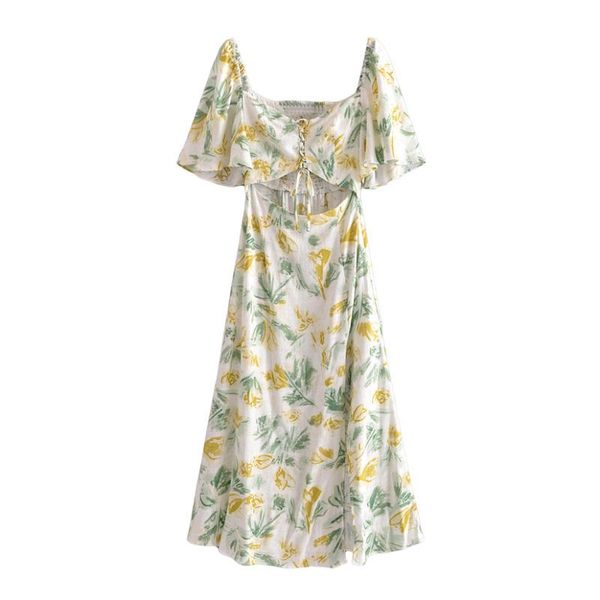 

casual dresses summer 2022 beach floral printed hollow out midi dress women butterfly sleeve backless female chic split, Black;gray