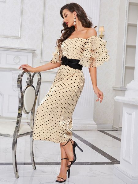 

polka dot layered sleeve belted bardot dress a6he#, Black;gray