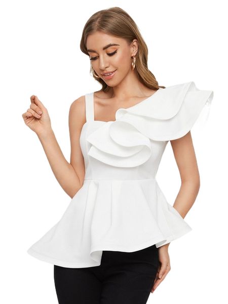 

asymmetrical neck ruffle trim peplum g0rf#, White