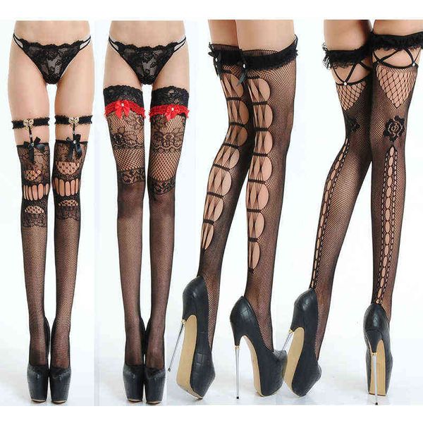 

lace stay up thigh high stockings for women ladies hosiery hollow out mesh nets lace black female fishnet stockings t220808, Black;white