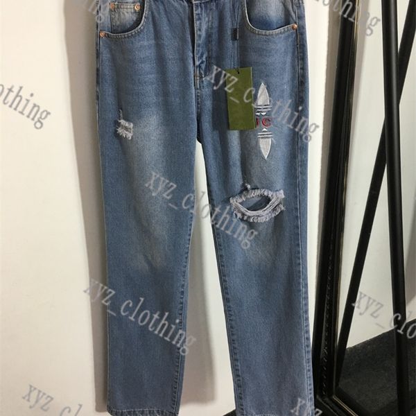 

high-end design women jeans fashion ripped jeans trousers 2022 new joint brand shamrock letter embroidery pants blue color size sml