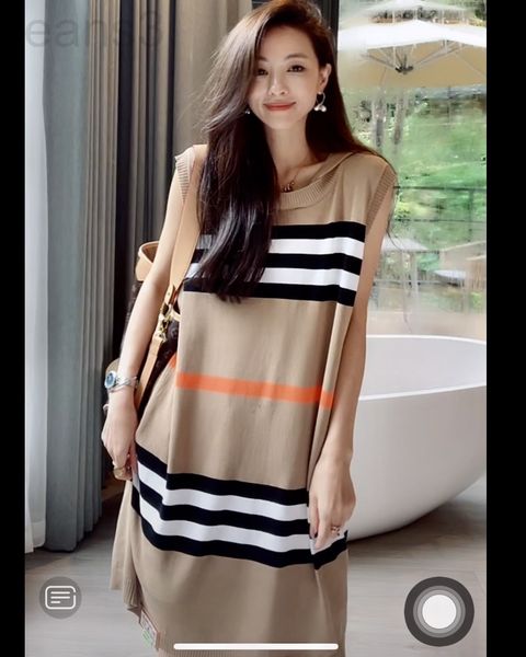 

casual dresses designer korean new style temperament knitted vest skirt round neck loose thin sleeveless stripe contrast hooded dress summer, Black;gray
