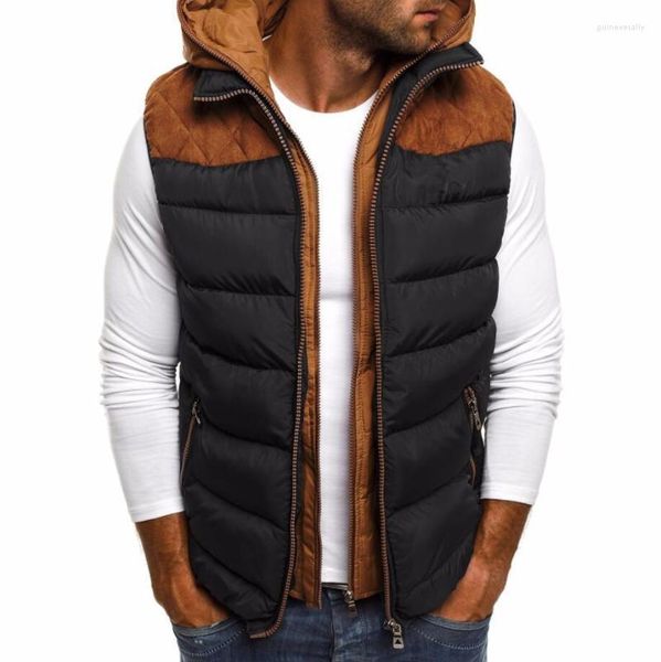 Gilet da uomo Gilet addensato Giacche invernali Parka senza maniche Giacca per uomo Moda Gilet patchwork maschile con cappuccio caldo Guin22