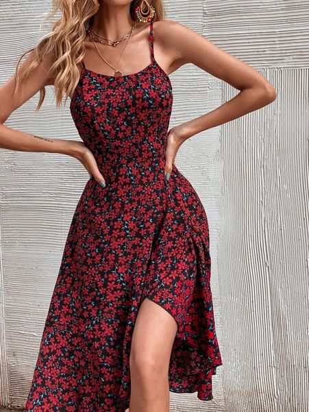 

ditsy floral wrap hem cami dress l2cp#, Black;gray