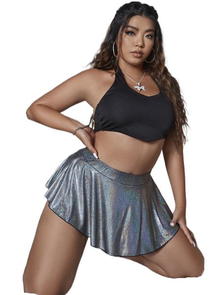 

plus metallic flare skirt r8ag#, Black