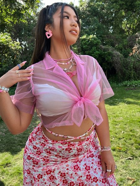 

plus knot front crop mesh blouse without bra x1aq#, Black