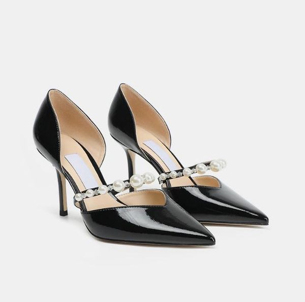 

luxury jichoo pearl women high heels shoes and sandals patent leather pearls strap hollow heel stiletto ladies banquet wedding high-heeled s, Black