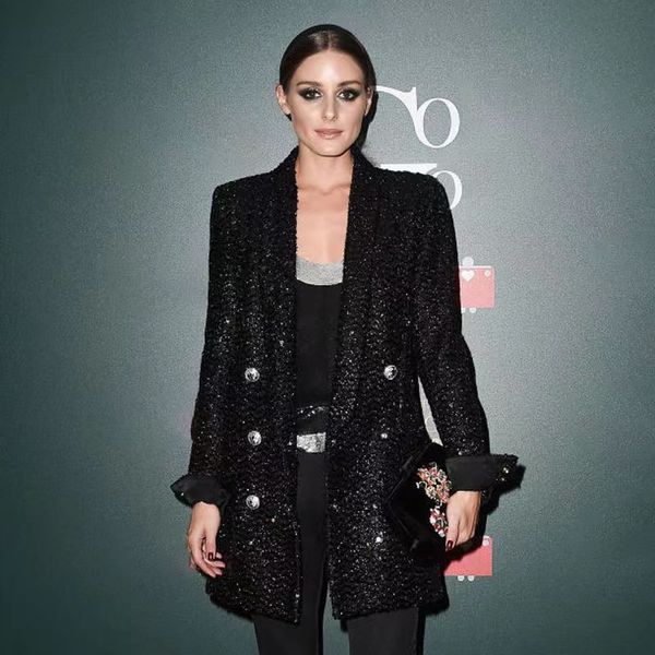 

b301 womens suits & blazers fashion 2022 designer homecoming party women double lion buttons shawl collar glitter sequined long runway black, White;black