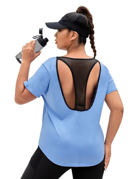 

plus contrast mesh cut out sports tee w1p8#, Black