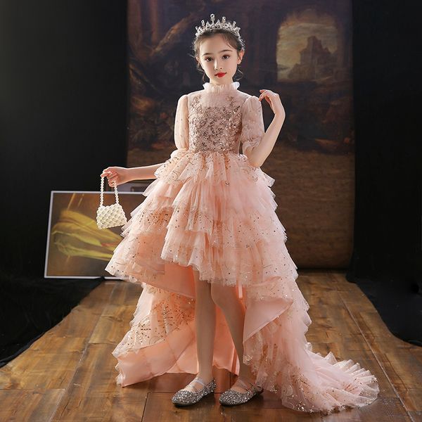 

2023 luxury silver bling sequin girls pageant dresses fluffy long sleeve ruched flower girl dresses ball gowns party dresses for girls, White;blue