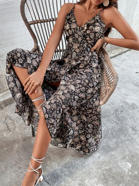 

floral & paisley print ruffle trim wrap knot side cami dress y93c#, Black;gray