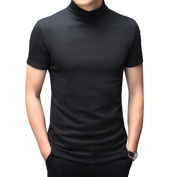 Camisetas masculinas camisetas de manga curta básica Camiseta de verão Homem simples Camiseta alta Camiseta masculina Camisetas esportivas respiráveis ​​de algodão leve Turtleneck leve