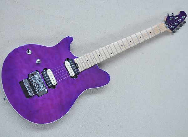 

left hand purple electric guitar with maple fretboard