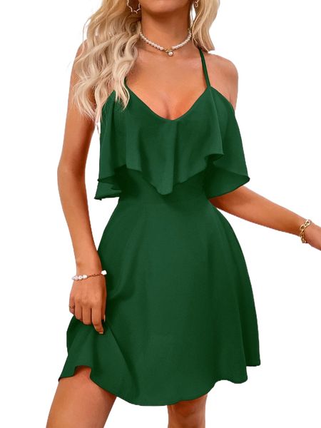 

ruffle trim crisscross back cami dress f6qp#, Black;gray