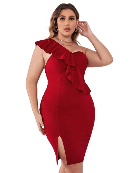 

plus one shoulder ruffle trim split hem bodycon dress 94fy#, Black