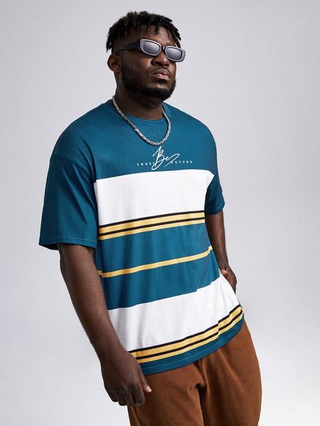 

extended sizes men striped & slogan graphic tee e9aw#, White;black